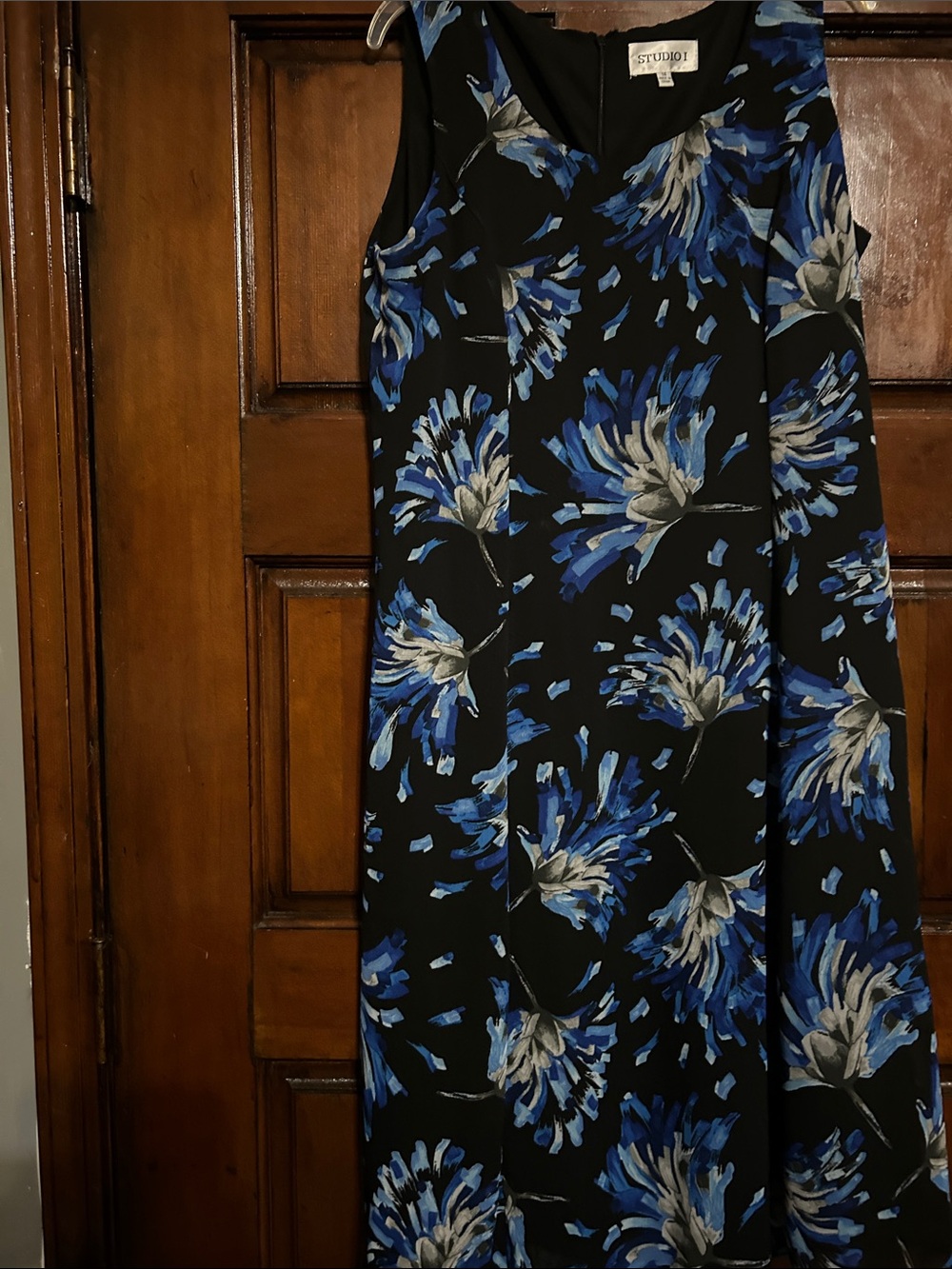 Studio One Black Sleeveless A-Line Dress with Blue and Gray Floral Print - Picture 4 of 8
